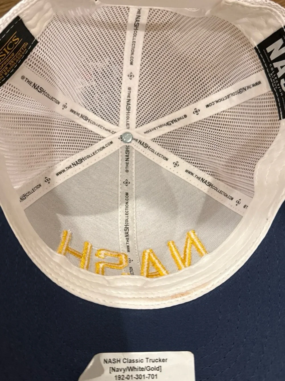 Classic NASH Navy and White Trucker Hat with Yellow Embroidery